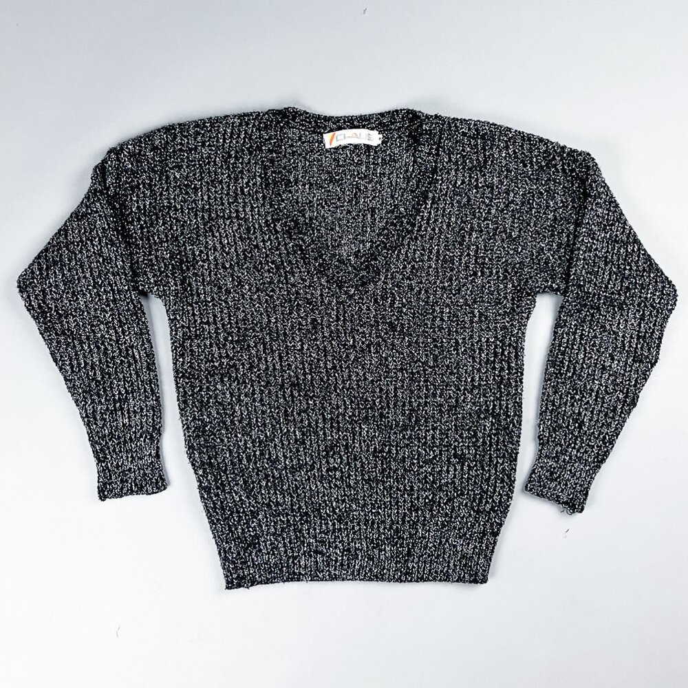 Silver Metallic Sweater | Vintage 90's Black V-Neck Women's Knit Jumper